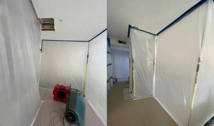 Mold containment and air scrubbing setup during mold remediation in a Tarzana home