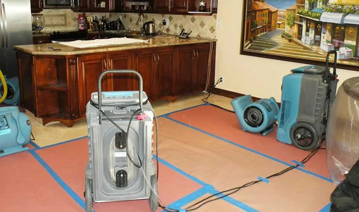 Water damage restoration drying equipment used in a Tarzana kitchen