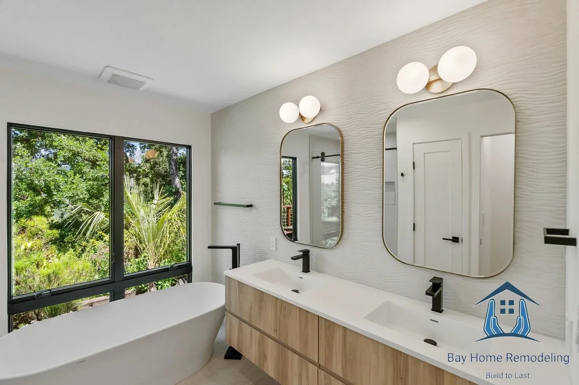 Bathroom remodel in Orinda CA with freestanding tub and double vanity