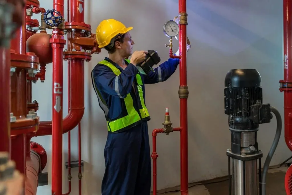 Technician performing NFPA 25 fire sprinkler inspection and testing in Concord CA